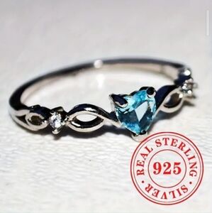 925 Sterling Silver Inlaid Love Heart Cut Artificial Synthetic Aqua Blue